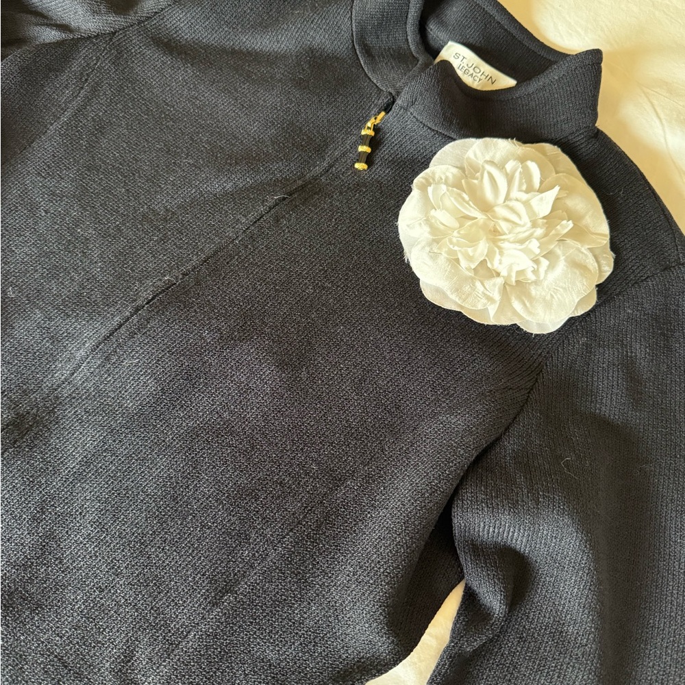 St. John Black Top with White Floral Detail